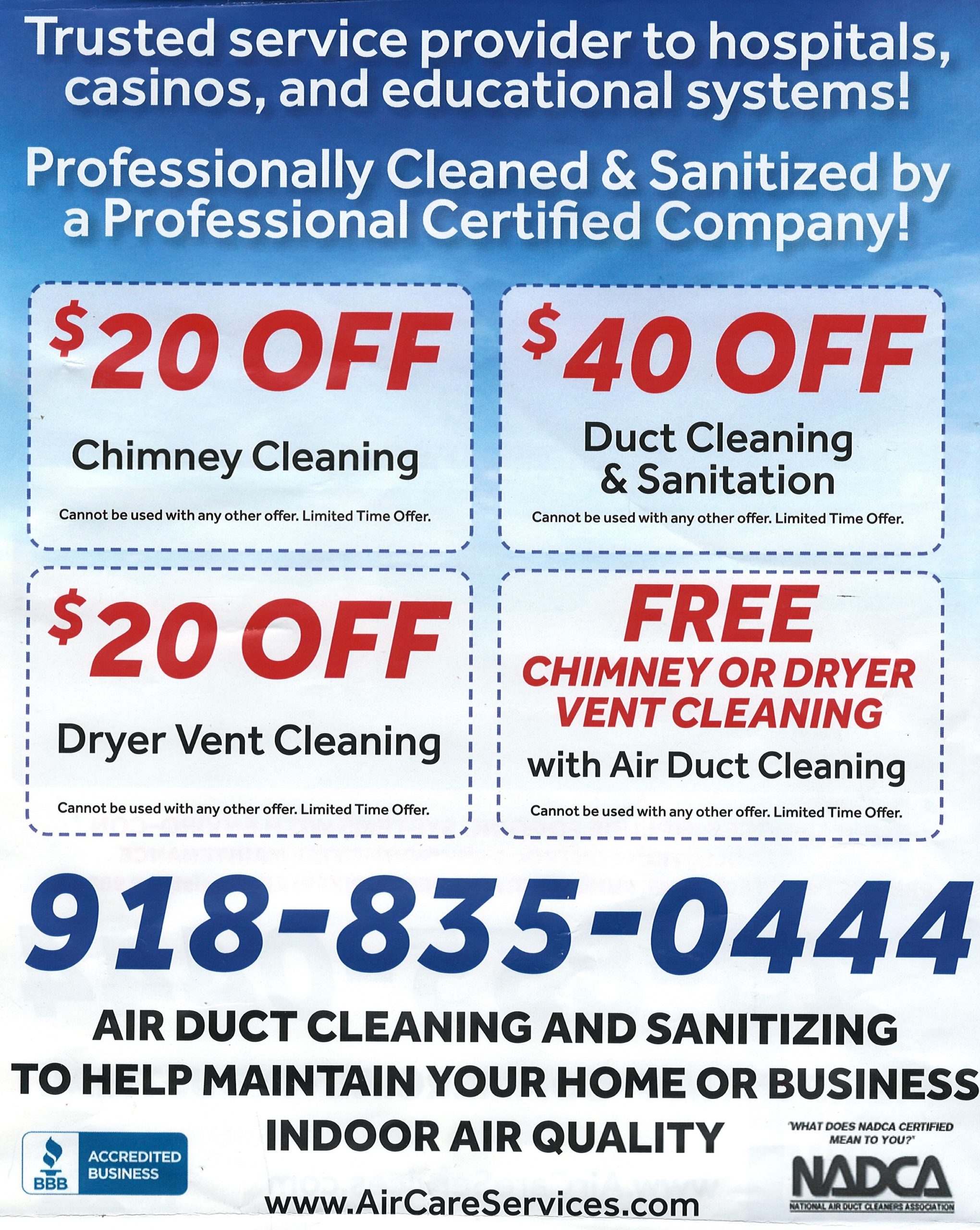 Coupons Air Care Services Tulsa Air Duct & Chimney Service 918